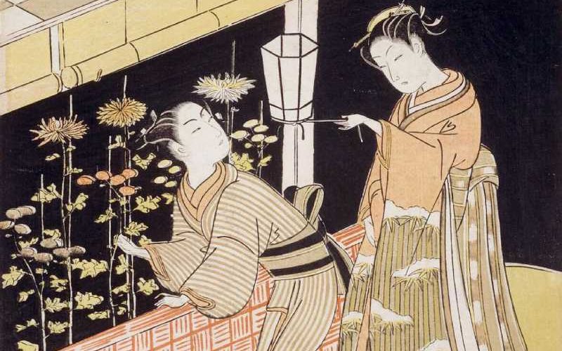 「寄菊(きくによす)夜菊を折り取る男女」鈴木春信 画