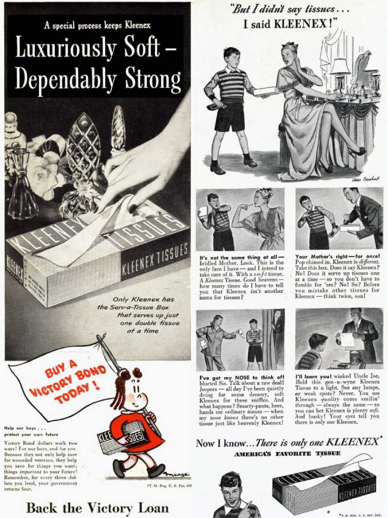 1945年と1947年のアメリカ・クリネックスティッシュ雑誌広告